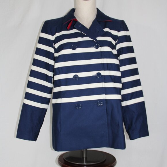 Talbots Petite Breton Nautical Navy White Stripe Peacoat Blazer Jacket Sz Large - Picture 2 of 12